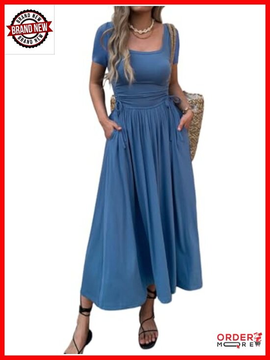 Dresses & Skirts - Women's Short Sleeve Maxi Dress Bodycon Adjustable Waist Flowy Hem Pockets